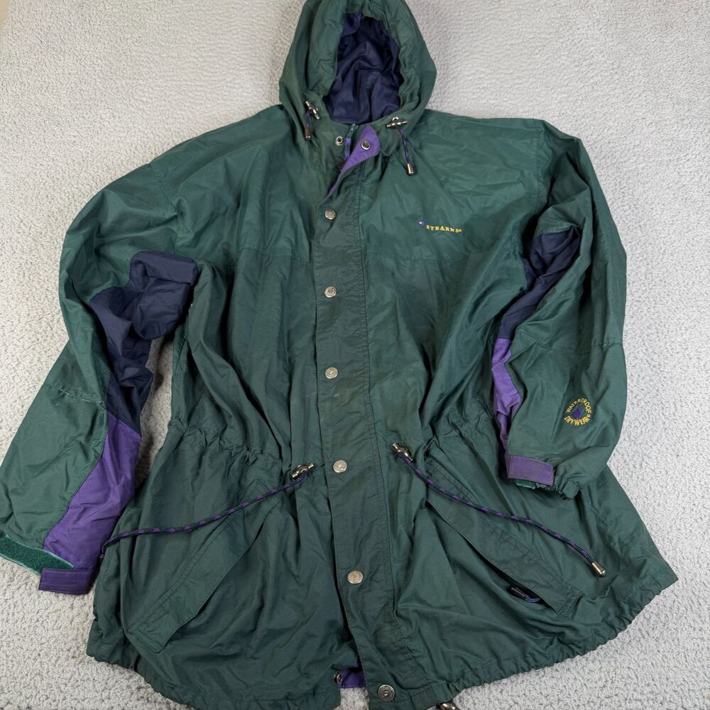 STEARNS Dry Wear Waterproof Parka Jacket XL Green Hooded Full Zip Snaps Coat